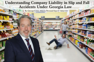 Atlanta attorney George Creal superimposed on a grocery aisle where a man has fallen in a slip and fall accident in Georgia. 