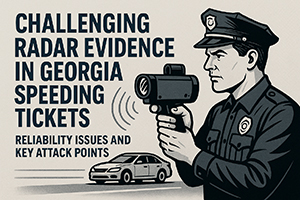 Police officer with radar gun, text on challenging Georgia speeding tickets, reliability, and attack points.