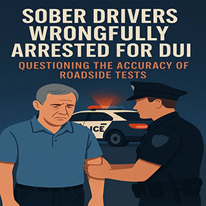 Illustration about Sober Drivers Wrongfully Arrested For DUI, questioning roadside test accuracy, showing a police officer arresting an older man.